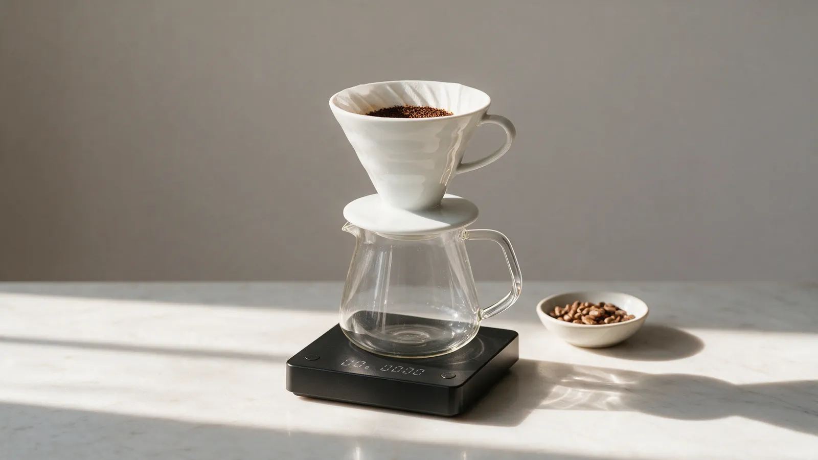 Coador de porcelana com café recém-passado sobre jarra de vidro apoiada em uma balança digital