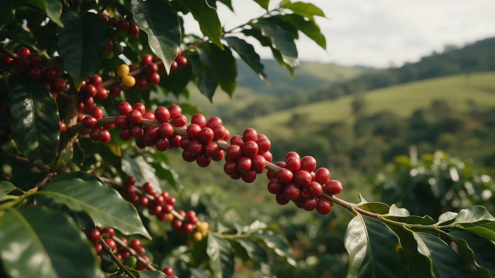 Galho de cafeeiro com cerejas de café maduras vermelhas e amarelas