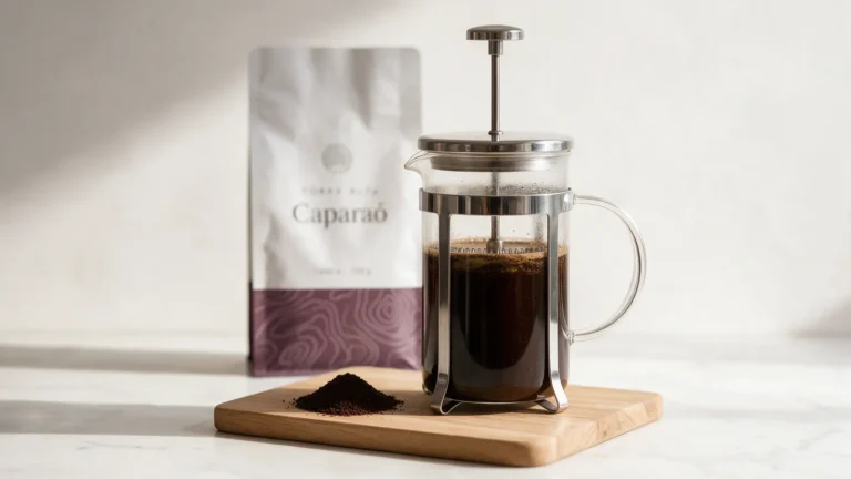Prensa francesa de vidro com café em preparo ao lado de café moído grosso e de um pacote de café