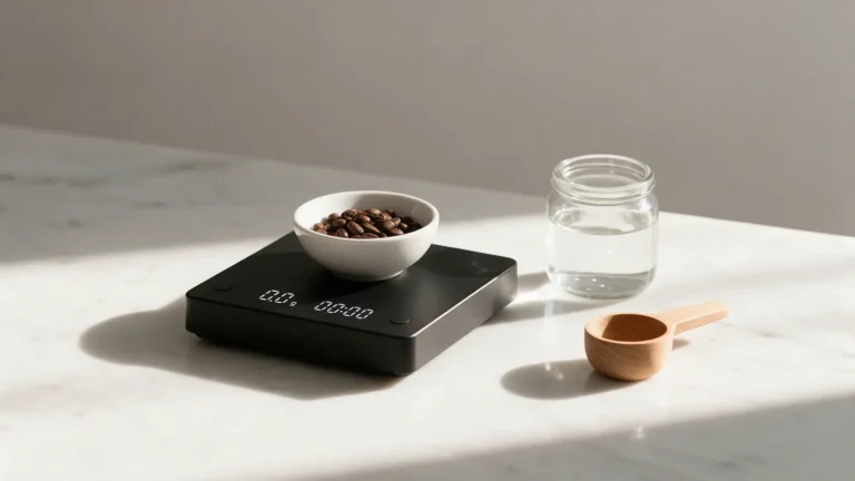 Balança digital com tigela de grãos de café, jarra de água e colher medidora de madeira