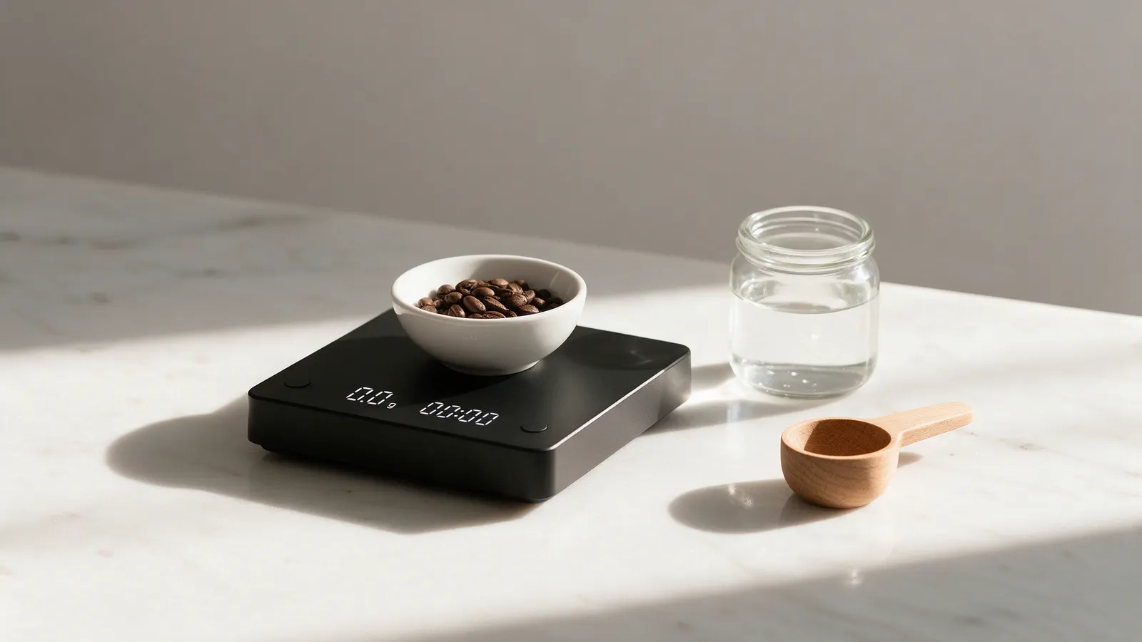 Balança digital com tigela de grãos de café, jarra de água e colher medidora de madeira