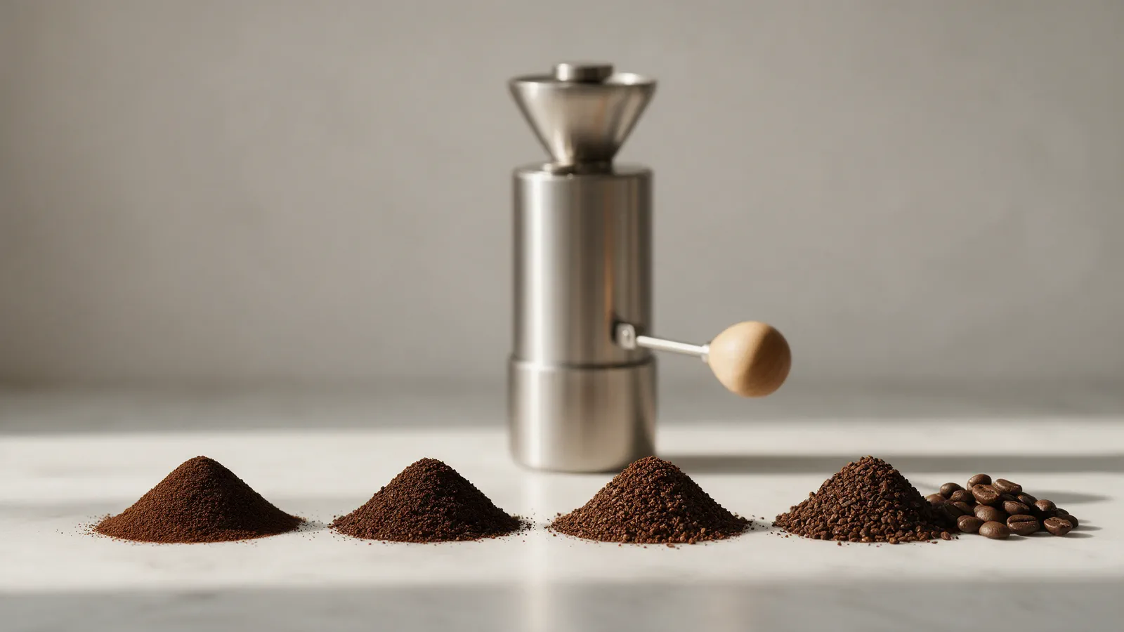 Quatro pontos de moagem de café, do fino ao grosso, para cada método de preparo, ao lado de grãos inteiros e de um moedor manual