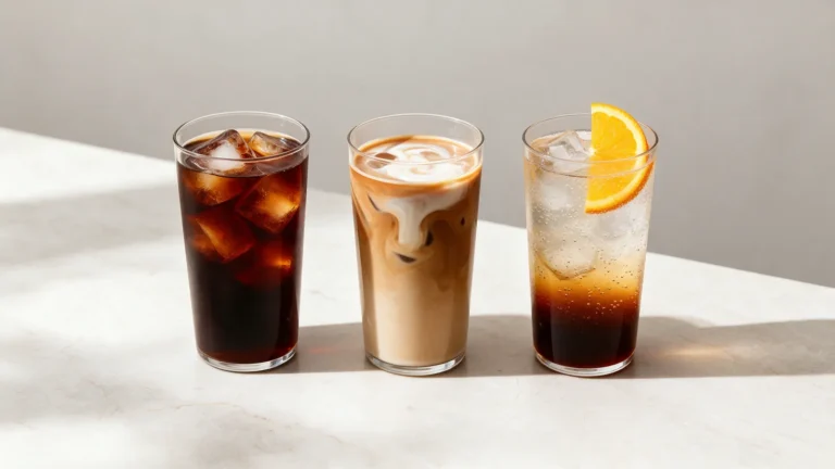 Três copos de café gelado: cold brew, latte gelado e café com tônica e laranja