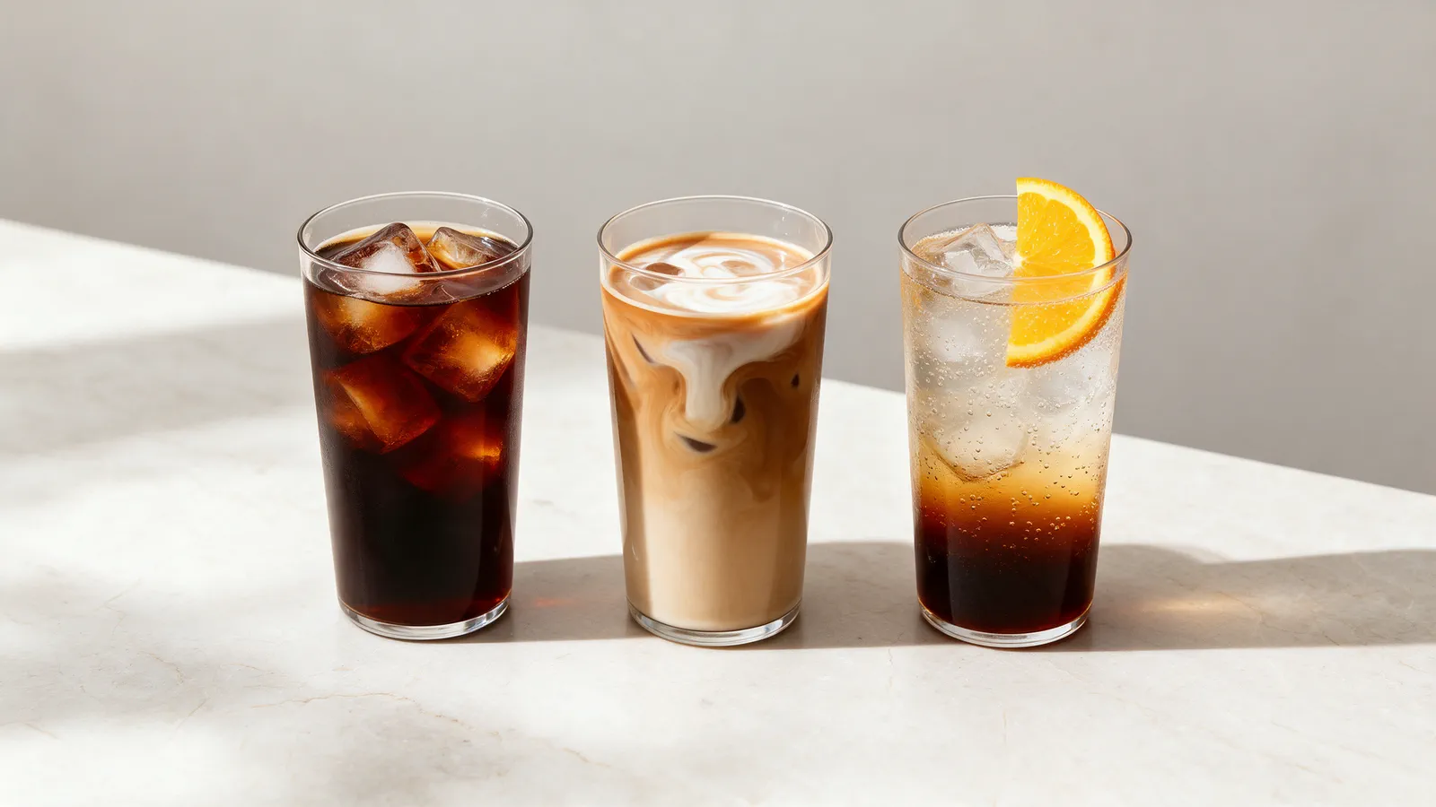 Três copos de café gelado: cold brew, latte gelado e café com tônica e laranja