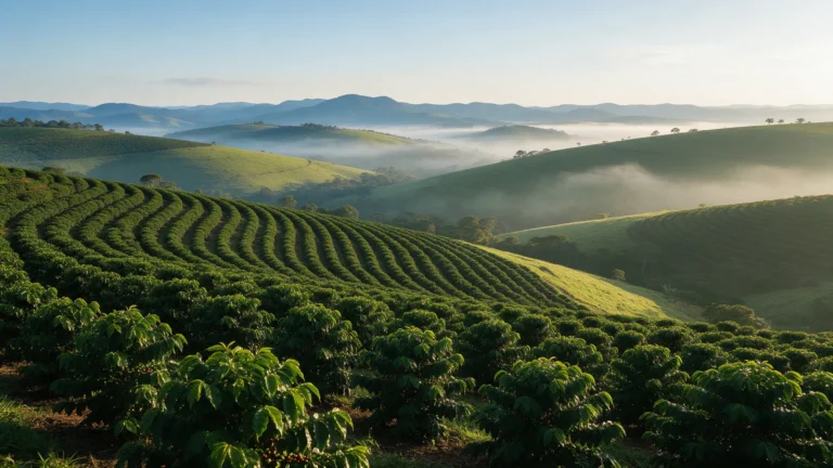 Cafezal em fileiras nas montanhas, paisagem comum nas regiões produtoras de café do Brasil, com neblina ao amanhecer