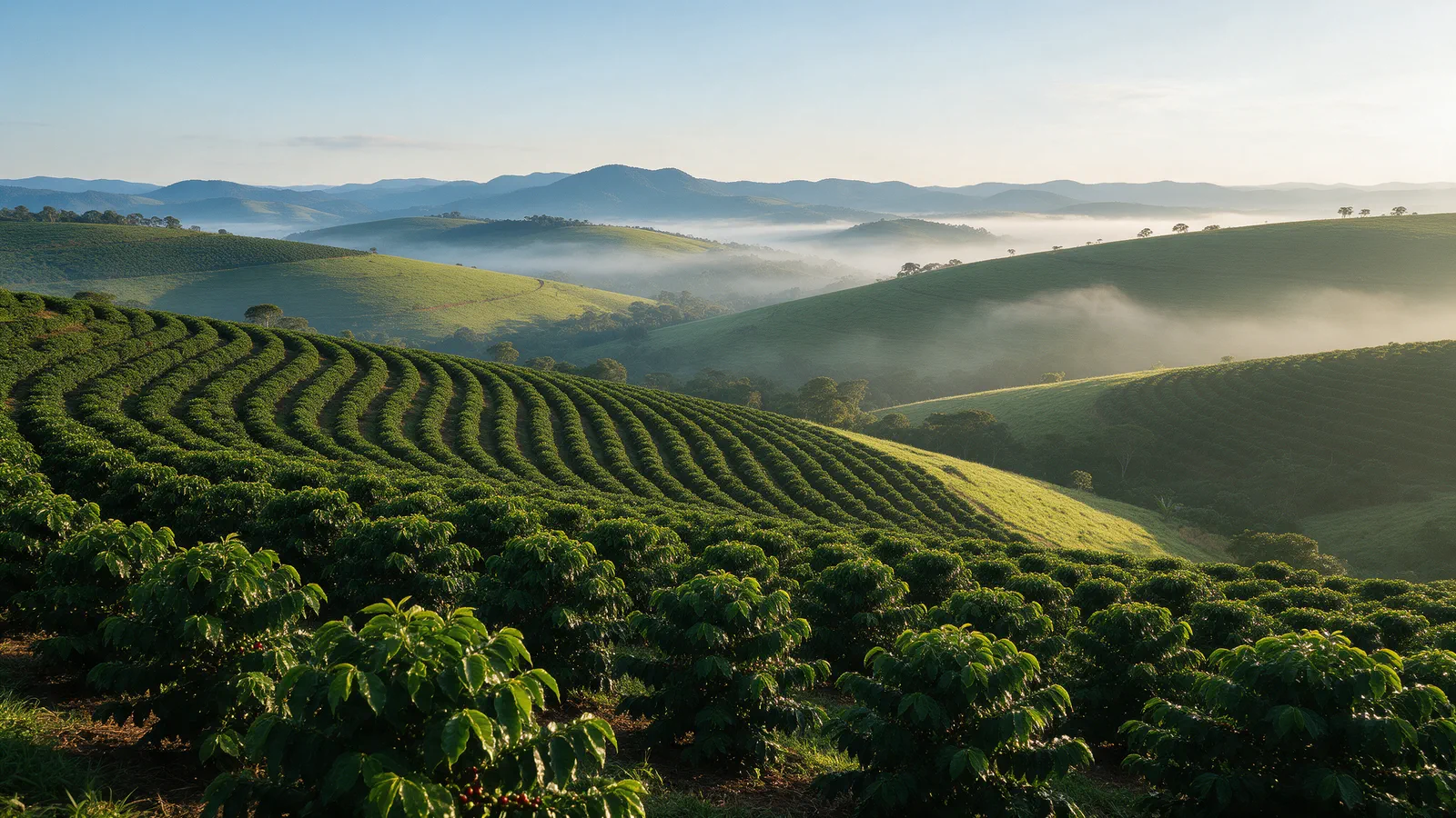 Cafezal em fileiras nas montanhas, paisagem comum nas regiões produtoras de café do Brasil, com neblina ao amanhecer