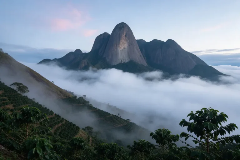 Picos do Caparaó acima das nuvens com pequenos cafezais na encosta