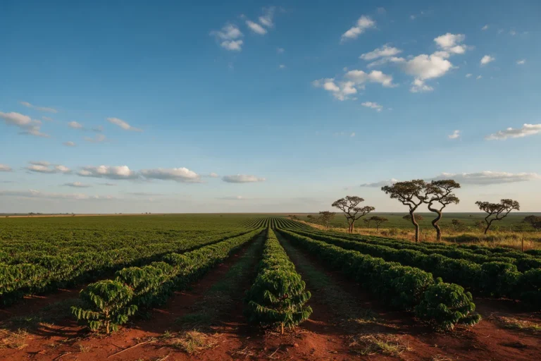 Planalto do Cerrado Mineiro com fileiras retas de café em terra vermelha e céu azul
