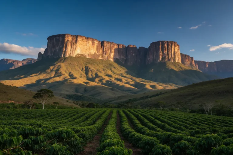 Paredões da Chapada Diamantina ao entardecer com cafezal no vale