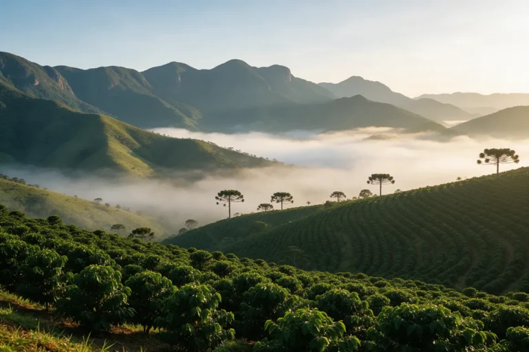 Montanhas da Serra da Mantiqueira com neblina no vale e cafezal na encosta