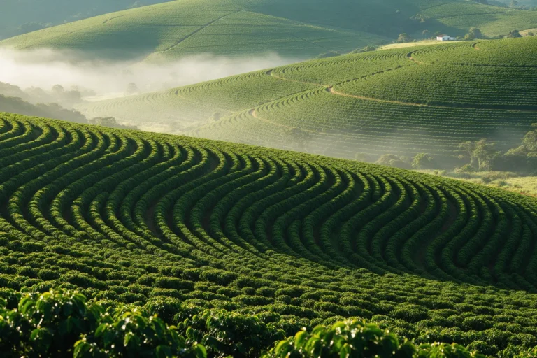 Morros do Sul de Minas cobertos de cafezais em curvas, com neblina da manhã