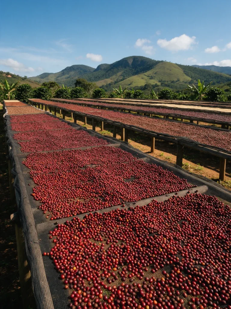 Cerejas de café secando ao sol em terreiros suspensos numa fazenda de montanha