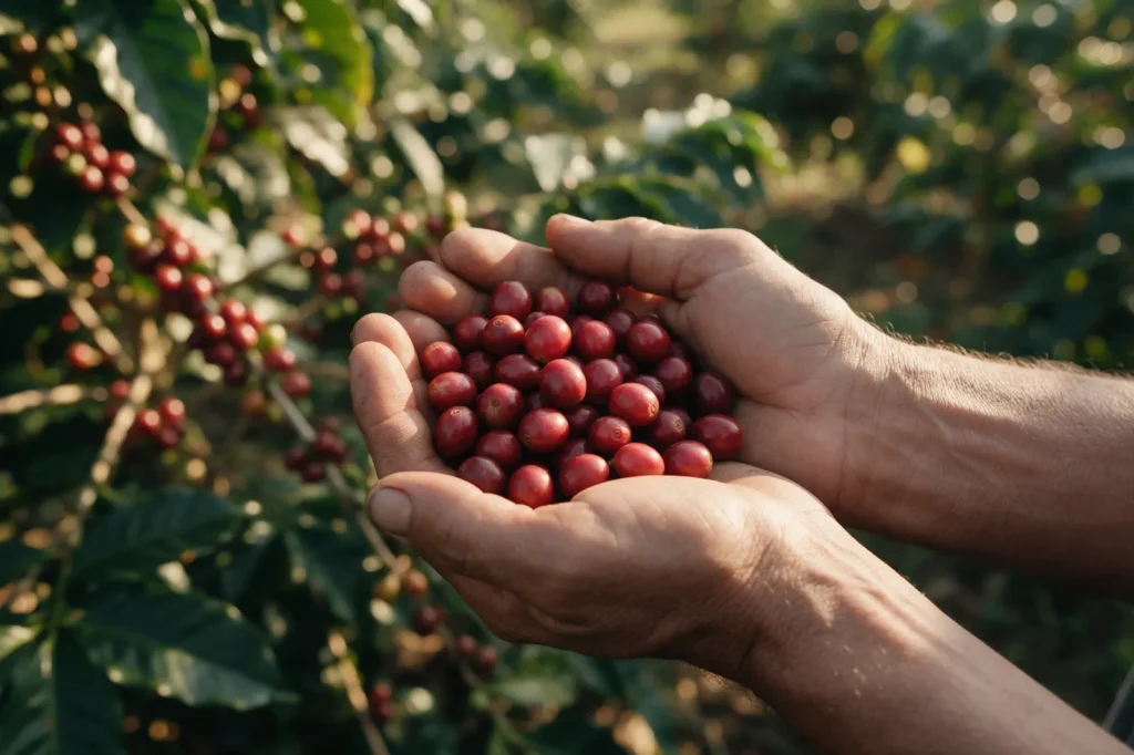Mãos segurando cerejas de café vermelhas recém-colhidas, com o cafezal ao fundo
