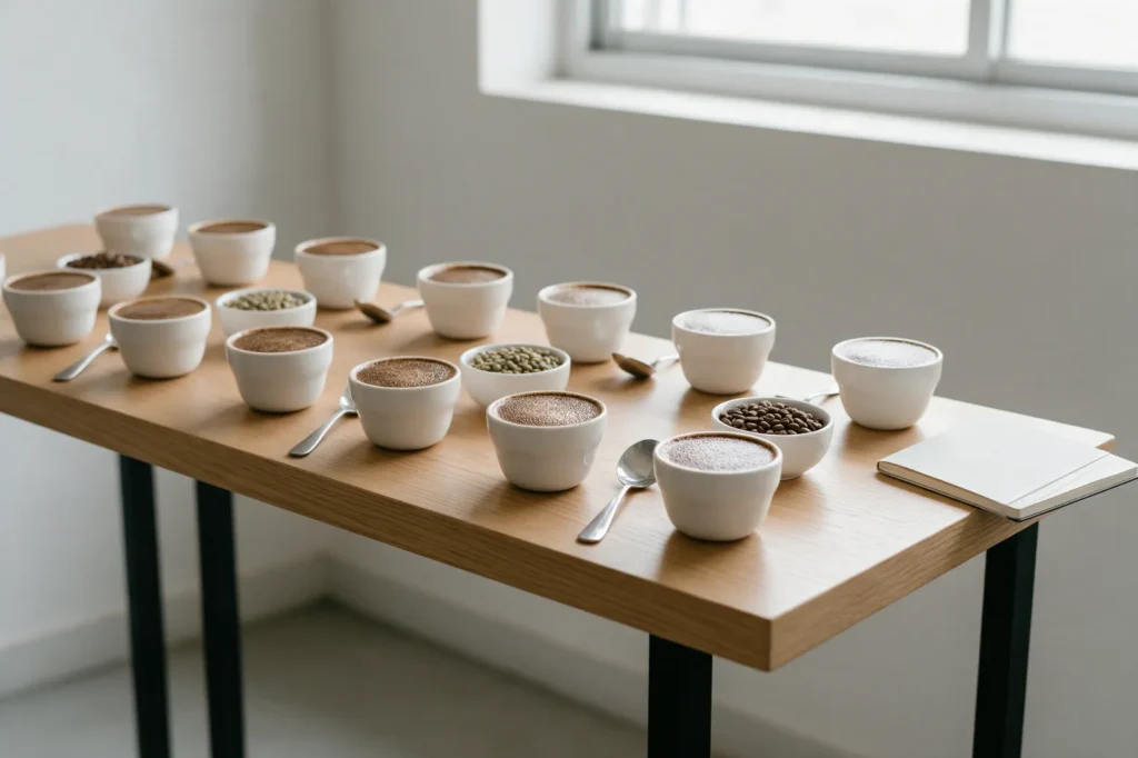 Mesa de prova de xícara de uma torrefação de cafés especiais, com xícaras de café moído, colheres e grãos verdes e torrados